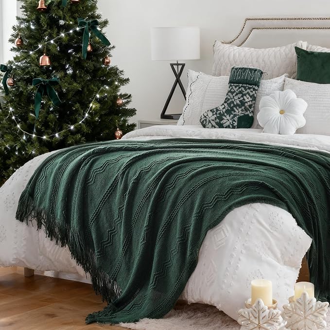BATTILO HOME Christmas Décor Green Throw Blanket for Couch, 50"x60" | Boho Knit Bed Throws, Dark Green Throw Blanket for Home Decor