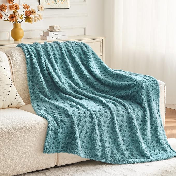 NEWCOSPLAY 3D Waffle Checkered Flannel Twin Blanket, Light Teal, 60"x80" | Super Soft Cute Lightweight Decorative Premium Silky Fleece Blanket for Couch Sofa Bed, Gift for Women Men, All Season Use