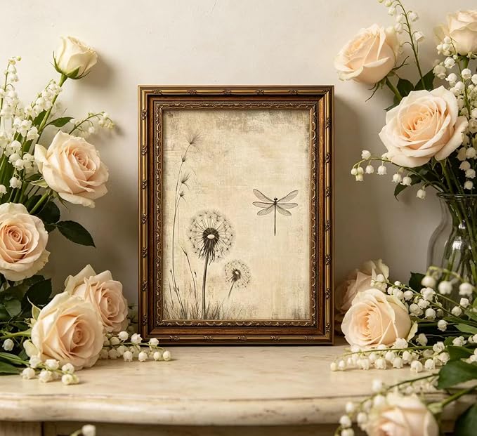 Vintage Gold Framed Canvas Wall Art Beige Dandelion Dragonfly Painting Picture Wall Decor Country Botanical Insect Poster Print Artwork for Living Room Bedroom Home Decoration