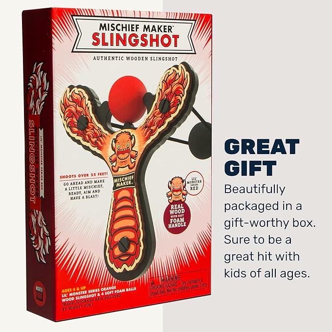Mischief Maker® Wooden Slingshot - Lil’ Monster Series - Real Wood Slingshot for Kids, 4 Soft Foam Balls and Storage Bag - Ages 4+ (red)