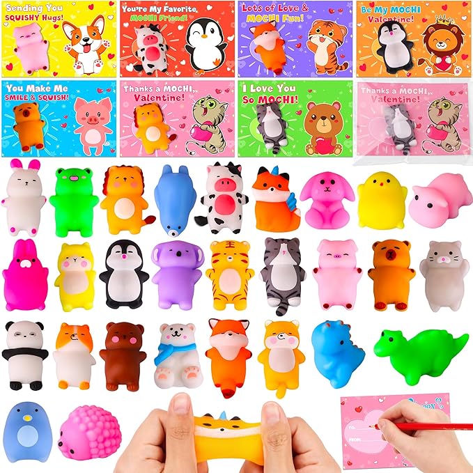 28 Pack Valentines Day Gifts for Kids Classroom Cute Mochi Squishies with Valentines Day Cards for Kids School, Valentines for Kids Class Exchange Cards Gifts Prizes Party Favors for Boys Girls