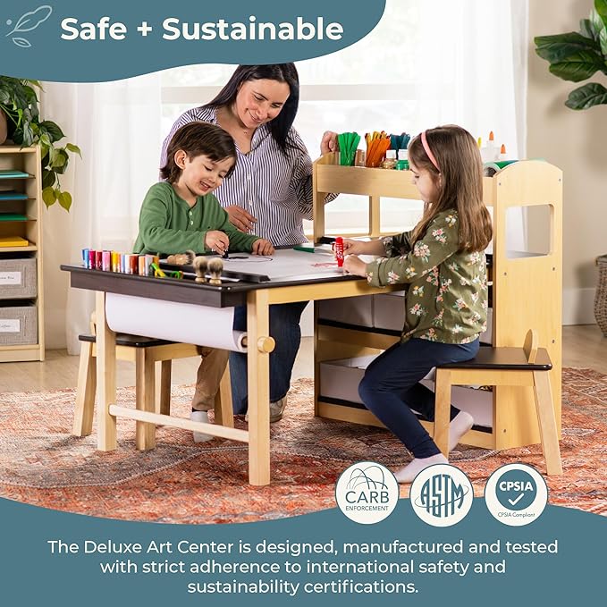 Guidecraft Deluxe Art Center: Kids Arts and Crafts Table and Chairs Set with Storage Shelves, Bins, Paper Roll for Drawing and Painting | Wooden Art Desk for Kids Playroom | Toddler Activity Table