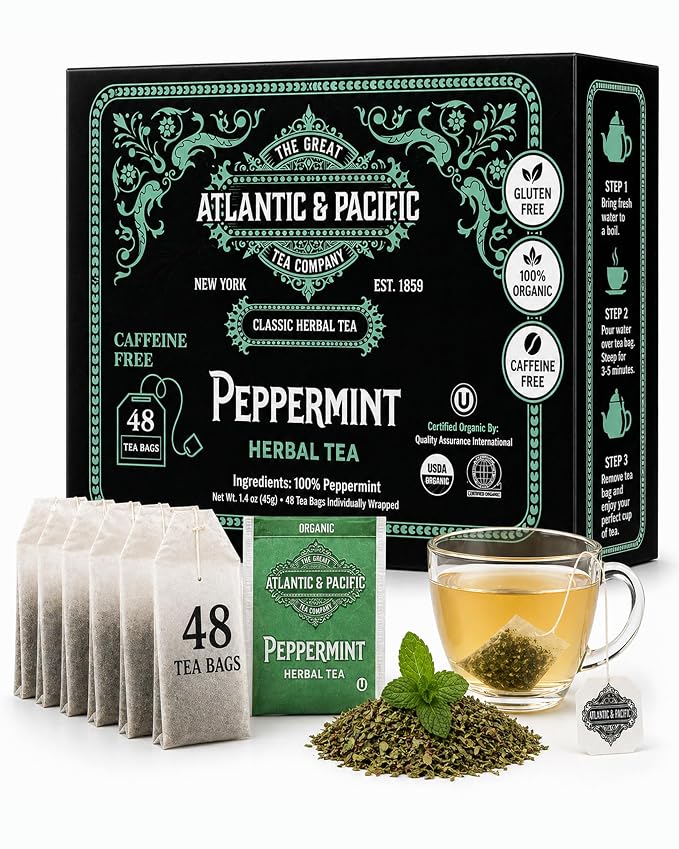 A&P Coffee Peppermint Tea Bags, 48 Count, Refreshing Mint Herbal Tea, Naturally Caffeine Free, Hot or Iced Tea, Premium Organic Tea Bags, Fresh Aroma, Smooth Taste