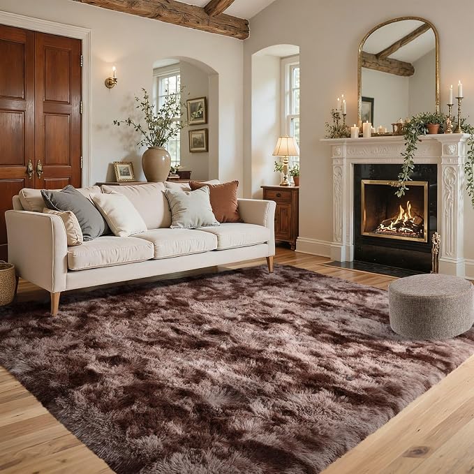 5x8 Brown Rugs for Living Room Fluffy Fur Bedroom Area Rug,Rustic Plush Non-Slip Dark Carpet for Book Room Office,Coffee Stain Resistant