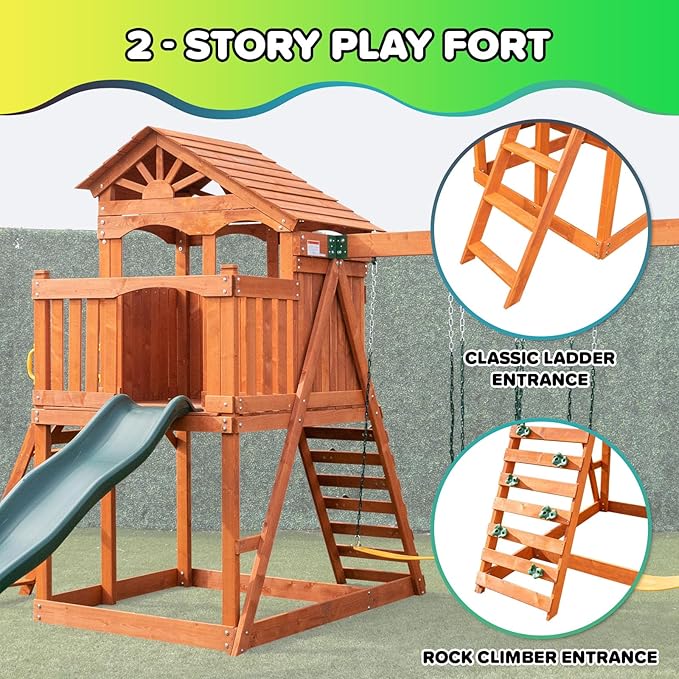 Sportspower 8-in-1 Blue Ridge Wooden Swing Set with Roofed Clubhouse & Balcony, 2 Belt Swings, 2-Person Roman Glider, 8ft Slide, Sandbox & Rock Climber, Anchor Kit Included
