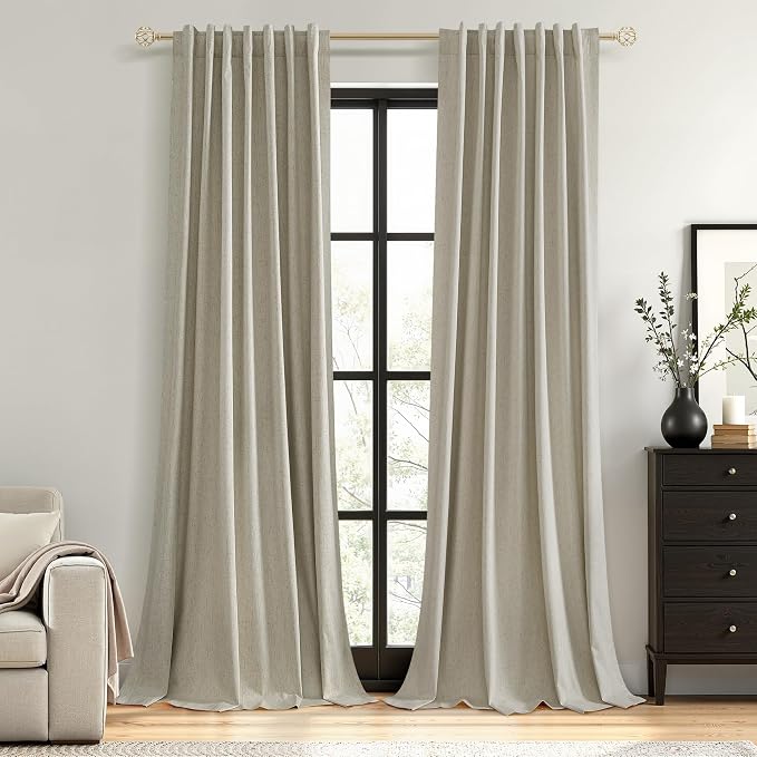 Guken 100% Blackout Linen Curtains for Bedroom 84 inches Long, Thermal Insulated Room Darkening Black Out Window Drapes for Living Room, Back Tab Rod Pocket 2 Panels Set,Grey Flax,52x84