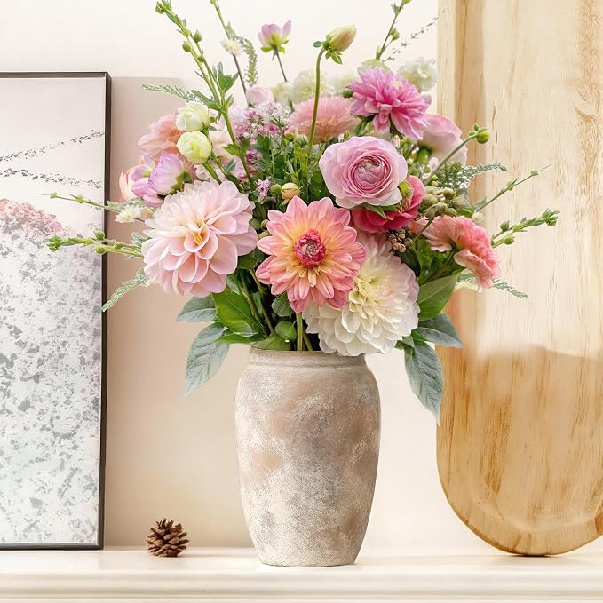 Rustic Ceramic Vase, 8.2 Inch Terracotta Rustic Vase, Farmhouse Decorative Vase Boho Decor, Christmas Decorative Vintage Flower Vase Home Decor, Living Room, Entryway, Holiday Wedding New Year Gifts