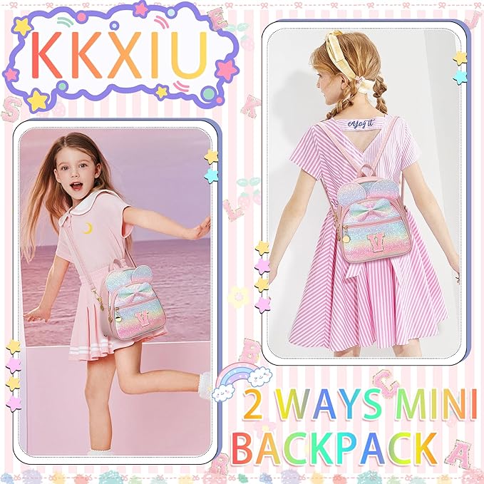KKXIU Initial Bowknot Mini Backpacks for Girls Women, Small Cute Backpack Purse, Personalized Valentines Day Gifts for Toddler, Kids and Teen Girls(V, Rainbow)