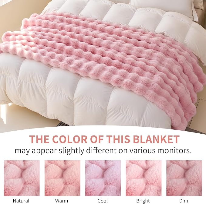 Comelady Soft Fluffy Faux Fur Throw Blanket 50"x60", Bubble Plush Texture | Light Pink Thick Fuzzy Throw, No-Shedding, Aesthetic & Cozy for Couch Bed Room Decor, Warm Gift for Women Girls