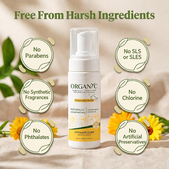 Organyc Intimate Foaming Wash for Women, Sensitive Skin Care, Certified Organic Ingredients, pH Balanced, Chamomile & Calendula, Gentle Daily Cleanser, 6.08 fl oz