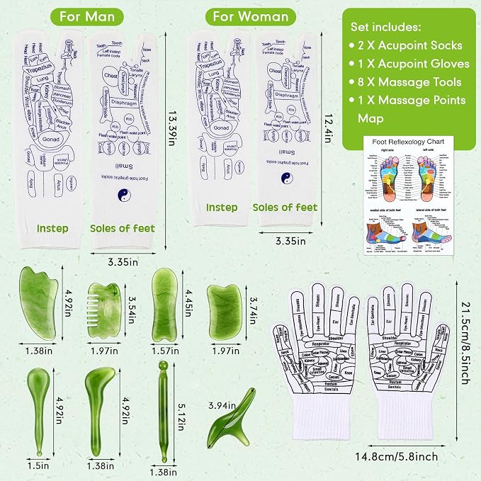 Threlaco 16 Pcs Reflexology Socks and Gloves with Tools Foot Reflexology Socks with Acupressure Gloves & 8 Pcs Massage Point Tools Foot Relief Acupressure Massager Set for Women and Men(Green)