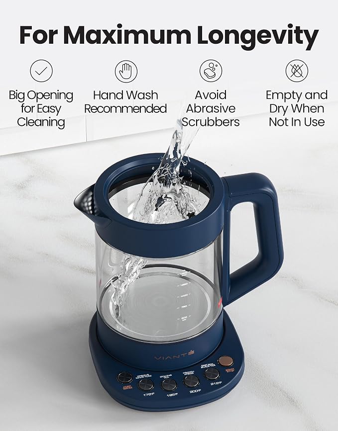 Viante Alba Electric Tea Kettle with Infuser, No Plastic In Contact With Water, 1.5L Borosilicate Glass, 304 Stainless Steel, 4 Temp Presets, Keep Warm, Cordless, Auto Shut-Off, Midnight Blue