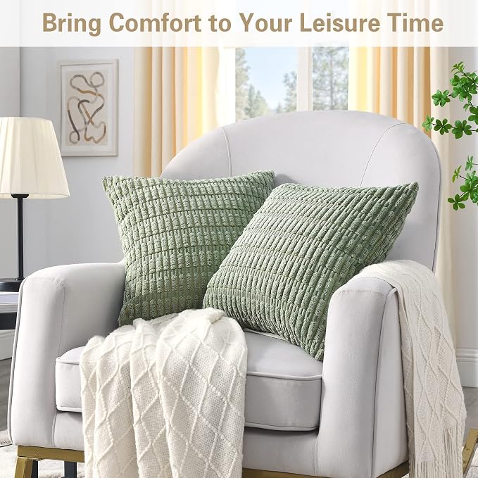Volcanics Pack of 2 Sage Green Decorative Throw Pillow Covers 20x20 Inch | Soft Corduroy Striped Square Cushion Cases, Modern Farmhouse Boho Home Decor for Spring Couch Bed Sofa Living Room