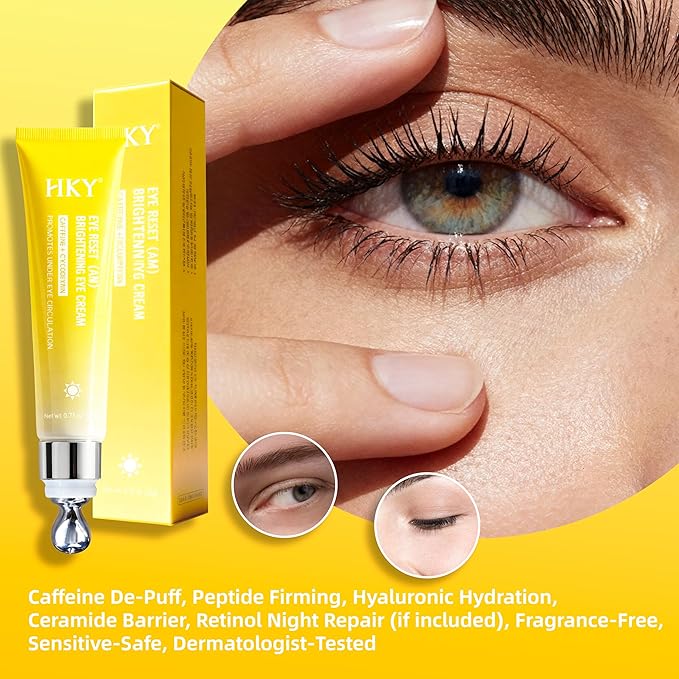 HKY Eye Cream, Under Eye Bags And Wrinkles Repair Cream Brightener, Anti Aging, Dark Circles Puffiness Under Eye Treatment With Caffeine Serum & Cyclodextrin, Morning Instant Firming