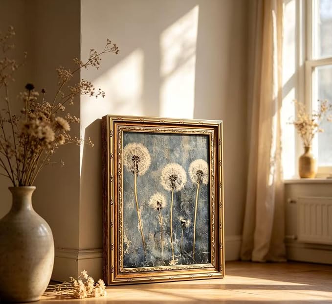 Vintage Gold Framed Dandelion Wall Art Moody Cottagecore Dandelion Painting Canvas Print Gothic Dark Plant Print Poster Wall Decor Retro Moody Plant Floral Poster Artwork for Bedroom Living room