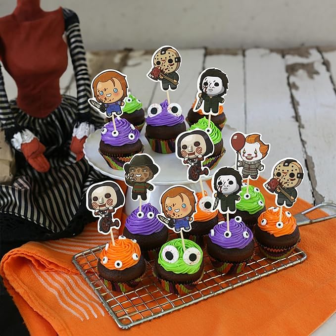 Gyufise 36Pcs Horror Movie Cupcake Toppers Horror Movie Halloween Cupcake Picks Halloween Birthday Cake Decorations for Baby Shower Birthday Party Supplies