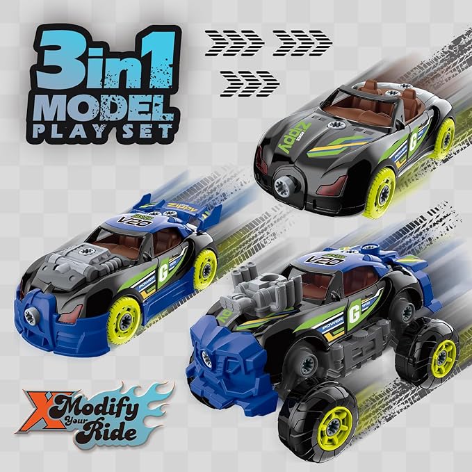 Pup Go 3-in-1 Building Car for Boys Ages 3+, Take Apart Car with Electric Drill, 43 Pcs Construction Toy Truck, Build Your Own Cars with Play Tools, Ideal Educational Present for Kids Children (Black)