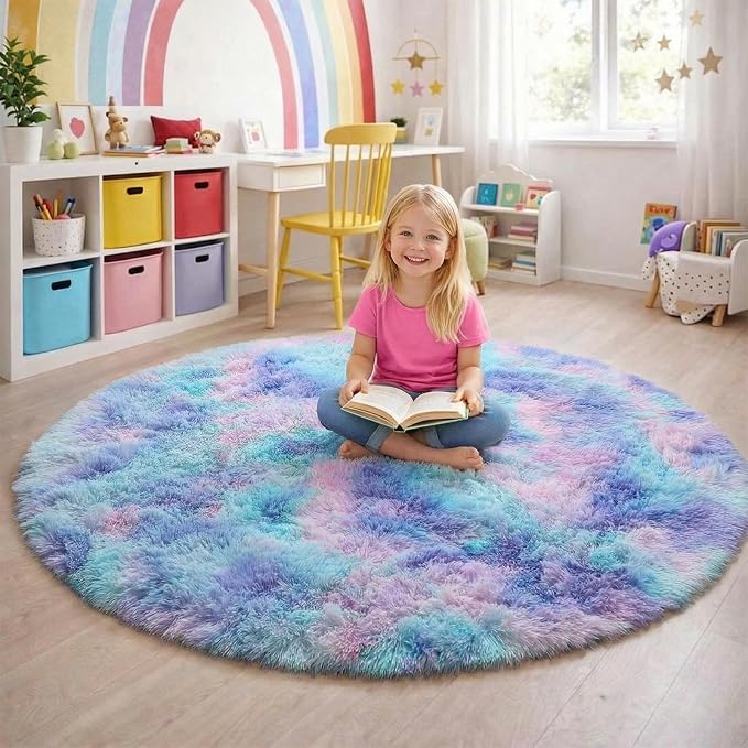 Amdrebio Purple Rainbow Round Rug 6Ft for Bedroom Girls Room Decor, Mermaid Kids Rugs for Playroom Nursery Classroom, Cozy Fluffy Fuzzy Cute Shag Carpet, Large Big Plush Circle Area Rugs for Princess