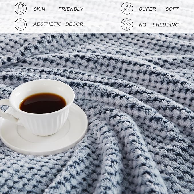 Exclusivo Mezcla Soft Waffle Fleece Bed Blanket Queen Size, Heather Navy | Lightweight Plush Blanket for Bed, Bedroom, Cozy Flannel with Waffle Texture, Stylish Home Decor, All Season, 90x90 Inches