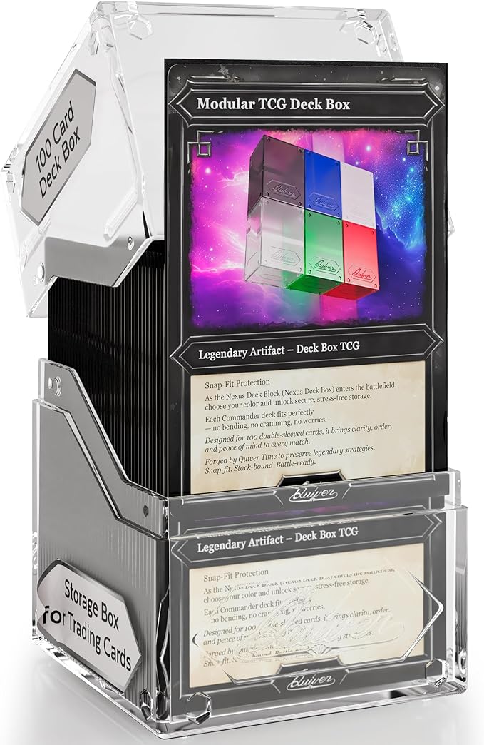 Quiver Time 360° Modular Nexus DeckBlock - Durable Stackable MTG Deck Box for Commander fits 100+ Cards | Stylish 100 Card Deck Box MTG | Interchangeable TCG Decks Boxes (1 pcs, Clear)