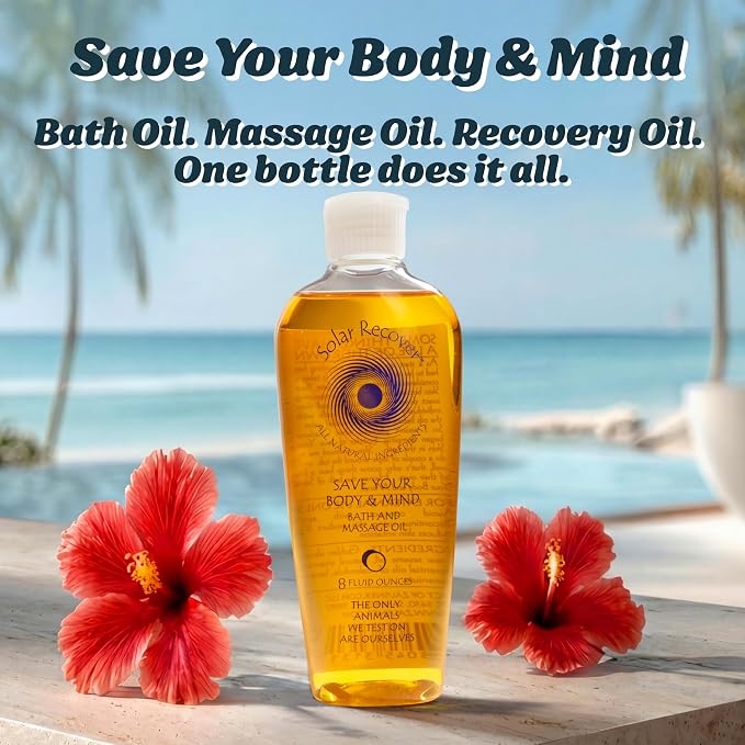 Solar Recover – All Natural Bath & Massage Oil with Lavender, Calendula & Vitamin E – 8 fl oz of Relaxing Aromatherapy Body Oil for Dry Skin, Stress Relief & Muscle Recovery – Save Yur Body & Mind