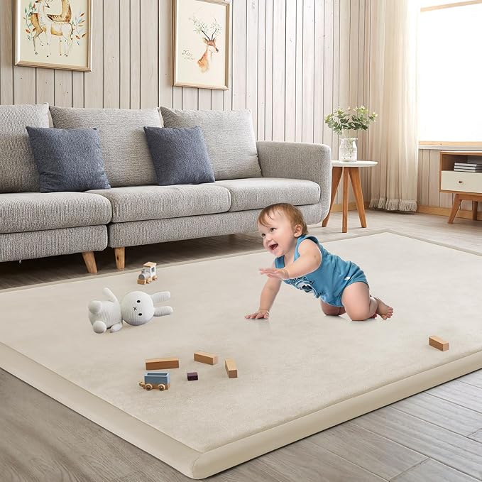 Baby Play Mat for Floor Nursery Rug Muscle Mat Area Rug Playroom Rug 74"x50" Playpen Mat Elastic Foam 1.3" Thick Crawling Mat for Babies,Toddlers, Infants, Kids,A Beige