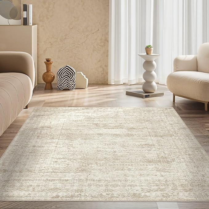 UERMEI Square Area Rugs : Washable 6x6 Neutral Modern Abstract Carpet for Living Room Bedroom - Soft Floor Mat with Non Slip Backing for Kitchen Nursery Dorms Farmhouse Home Decor - Beige/Brown