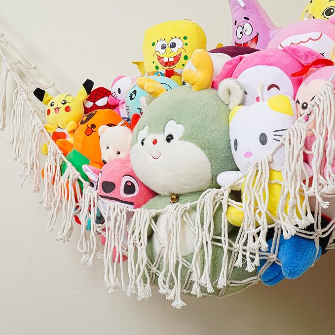 Stuffed Animals Hammock with LED Light Included 2Batteries - 63 inch XX-Large Boho Style Toy Storage Net - Corner Hanging Hammock for Small or Large Plushies Organize & Girls Room Decor, Baby Nursery