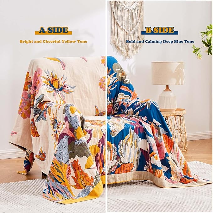 XIBLC Boho Throw Blanket, 100% Cotton Ultra Soft Luxury Throw Rustic Quilt, 50"x60" Floral Bird Butterfly Farmhouse Decor Bed Blankets, All Season Rustic Reversible Bohemian Throw for Bed - Yellow