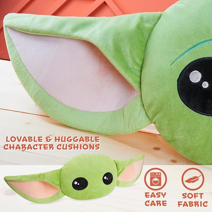 Disney Stitch 3D Plush Cushions for Bed Travel, Cute Cuddle Pillow Stuffed Character Pillow, Bedroom Accessories, Room Decor, Gifts for Kids (Green Baby Yoda, L14.96 x W10.23)