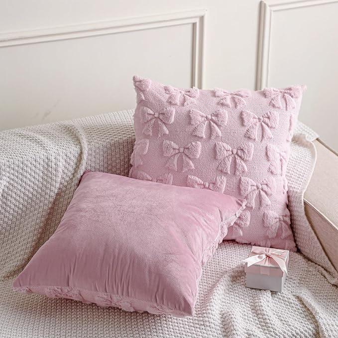 Mixweer Pink Bow Pillow Covers Set of 2 Preppy Room Decor Coquette Cute Spring Summer Decorative Faux Fur Soft Bowknot Stuff Fluffy Plush Aesthetic Pillowcase for Bed Sofa Couch (20 x 20 Inch)