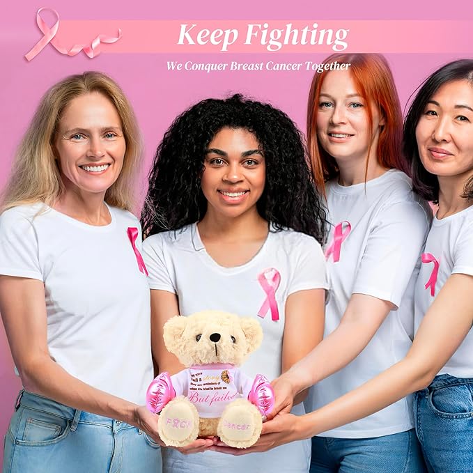 Breast Cancer Awareness Stuffed Bear Plush – 8" Fuck Cancer Teddy Bear Stuffed Animal Toy with Pink Boxing Gloves, Breast Cancer Comfort Gifts for Women, Inspirational Gift For Cancer Warrior Fighter