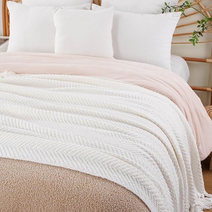 BATTILO HOME Cream Throw Blanket for Couch, Knit Throw Blanket, 50"x60" | Ivory Throw Blanket for Bed, Warm Decorative White Blanket Throw for Home Decor