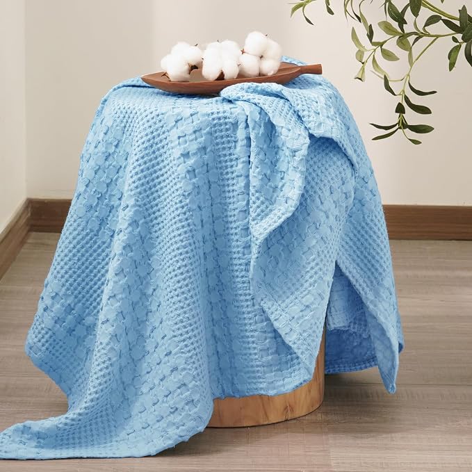 PHF 100% Cotton Waffle Weave Throw Blanket, Lightweight Breathable Summer Blanket for Couch Sofa, Pre-Washed Soft Throws for Bed, Office, Travel & Stylish Home Decor, 50"x60", Airy Blue