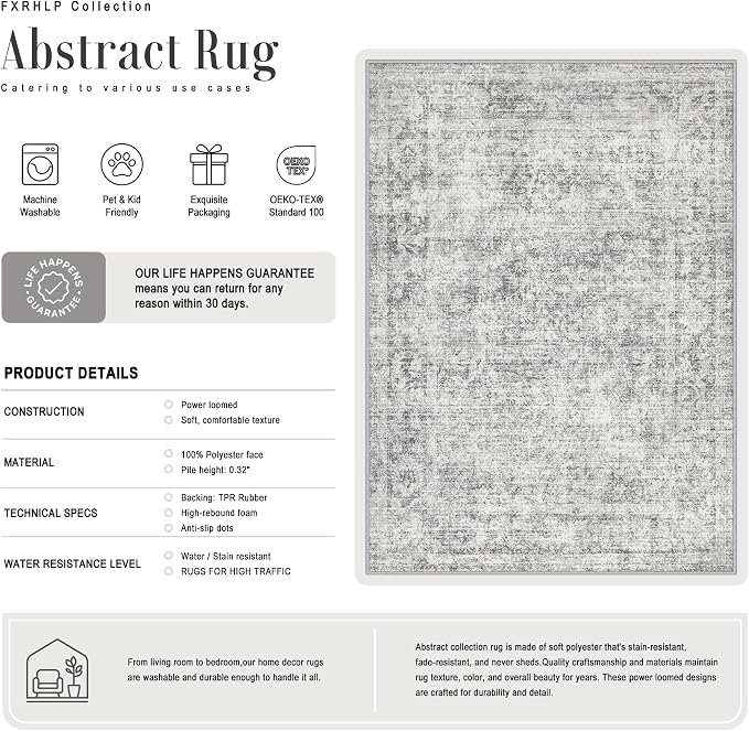 8x10 Area Rug Living Room Rug: Washable Modern Abstract Soft Thin Rug Indoor Floor No Slip Carpet for Bedroom Dining Room Farmhouse Nursery Home Office - Retro Black Grey