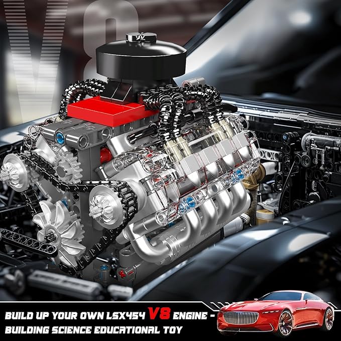 Mould King 10171 V8 Engine Model Kit, Mini V8 Engine Kits That Runs, Build Your Own Car Model Engine with Motor, Collectible Building Blocks for Adults, DIY STEM Construction Toys for Display