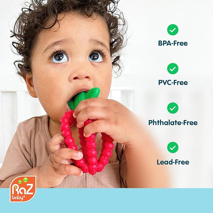 RaZbaby Bites Silicone Baby Teething Toy – Sensory Toy with Textured BerryBumps for Teething Relief, Easy-to-Hold Fruit Shape, BPA-Free, Soothes Front & Back Teeth – Gift for Babies, 3 Months+, Pink