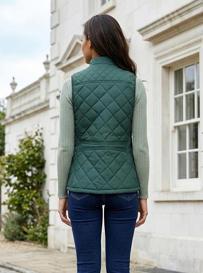 Fuinloth Women's Quilted Vest Lightweight Puffer Stand Collar Zip Gilet | 4 pockets with 2 inner storage. Quilted padded warm gilet. Fall winter outerwear layering vest for travel hiking daily wear.