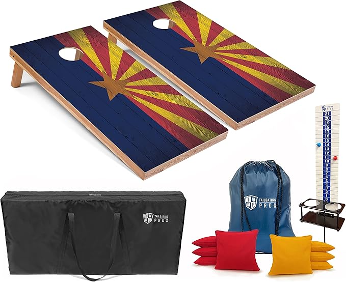 Tailgating Pros 4x2 Regulation Cornhole Boards Flag Set- Includes 8 Bean Bags, Carrying Cases, and Score Keeper - Optional LED Lights