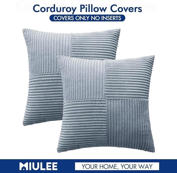 MIULEE Dusty Blue Decorative Throw Pillow Covers for Couch 18x18 Inch | 2 Pack, Boho Farmhouse Pillow Covers, Soft Cross Corduroy Patchwork Textured Cushion Cases For Bed Sofa