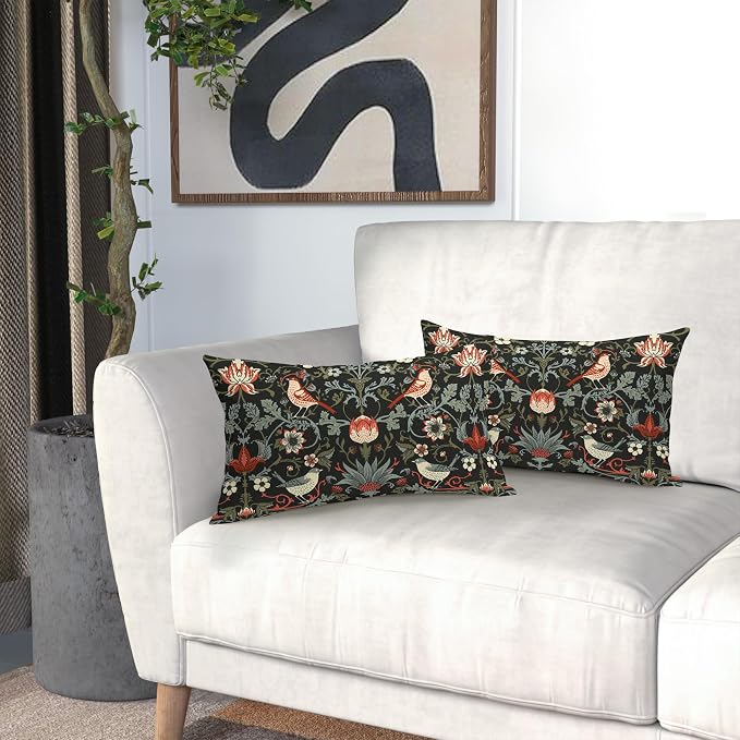 Chinoiserie Floral Bird Colorful Lumbar Pillow Covers 12X20 Set of 2 Orange Sage Green Pimpernel Flower Throw Pillow Cases Vintage Art Modern Home Decor for Couch Patio Sofa Porch