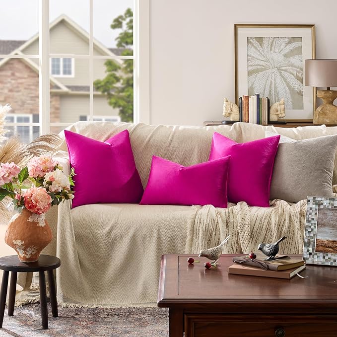 GIGIZAZA Hot Pink Velvet Pillow Covers 18x18 Decorative Pillows Pack of 2 | Throw Pillows for Couch Sofa,280gsm Soft Textured Fabric,Modern Square Pillowcases,Luxury Cushion Covers