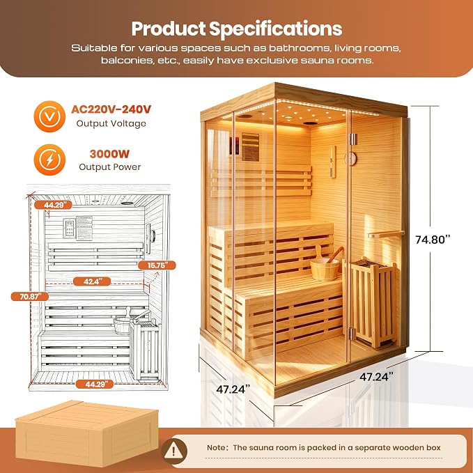 OUTEXER 2-3 Person Steam Sauna Traditional Saunas Home Spa Room Wet Indoor Saunas 7 Color LED Lights with 240V 3KW Heater,Sauna Stone,Wooden Bucket,Spoon,Thermometer,Hourglass,Cup Holder