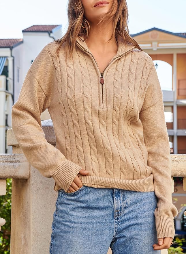Dokotoo Women's Sweaters 2026 Fall Winter Quarter Zip Ribbed Cable Knit | Long Sleeve,Polo Neck,Lightweight Knit Pullover,Soft Comfy Tops,Casual Trendy Outfits,Fashion Clothing