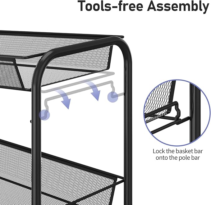 TOOLF 4-Tier Rolling Cart, Metal Utility Cart with 3 Hooks, Easy Assemble Mobile Storage Trolley On Wheels, Metal Shelving Units Kitchen Bathroom Laundry Room