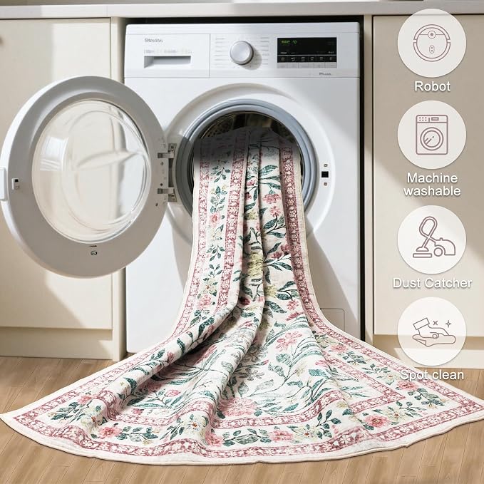 Runner Rug for Entryway: 2.6x10 Kitchen Rugs Non Slip Washable Ultra-Thin Soft Floral Carpet Indoor Floor Stain Resistant Carpets for Hallway Bedroom Kitchen Laundry Bathroom Dorm Pink/Green
