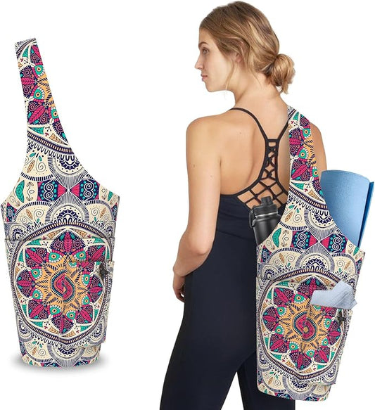 Mandala Yoga Mat Bag with Large Waterproof Zipper Pocket and Drawstring Pocket Long Tote Yoga Mat Carrier Holder Bags Fit Most Size Mats