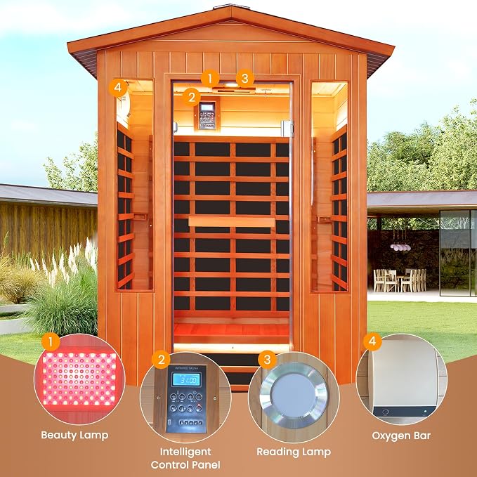 Outdoor Sauna 2 Person Far Infrared Sauna with LED Beauty Lamp Dry Spa Room Low-EMF 2080W 110V Bluetooth Speakers 48.8"x38.2"x81.9"