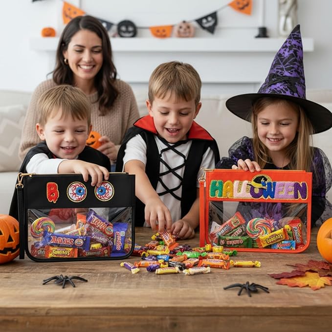 Remerry 2 Pcs Halloween Christmas Chenille Letter Clear Pouch Candy Treat Snack Goodie Bag PVC Makeup Cosmetic Bag Waterproof Preppy Purse Gifts for Women Girls (Spooky Eye & Halloween Witch Hat Set)