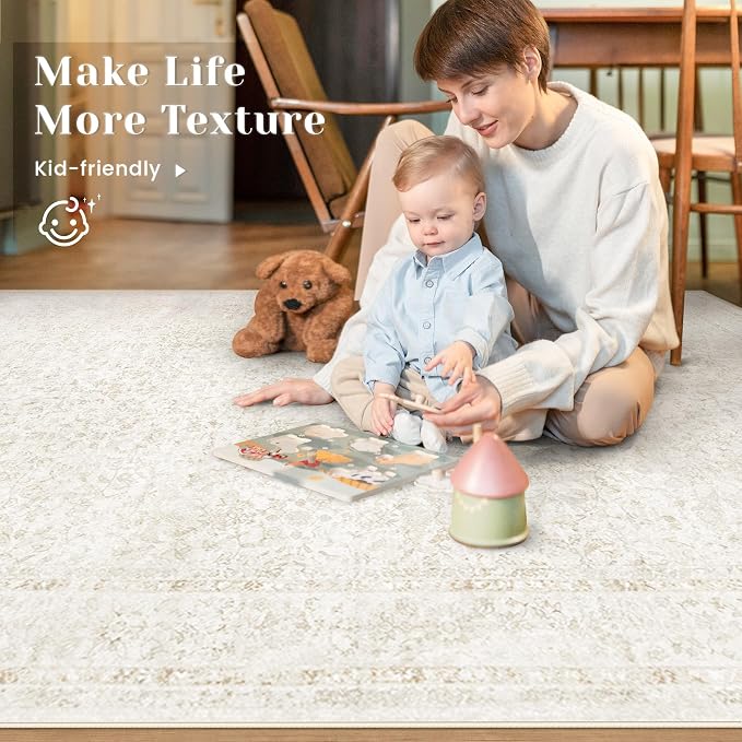 10x14 Area Rugs for Living Room: Washable Large Vintage Floral Rug Low Pile Non-Slip Boho Carpet for Bedroom Home Office Dining Room (FloralBeige, 10'x14')